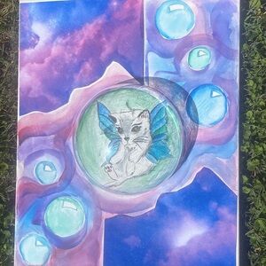 “Don’t burst my bubble!” Hand painted watercolor of a kitten fairy.